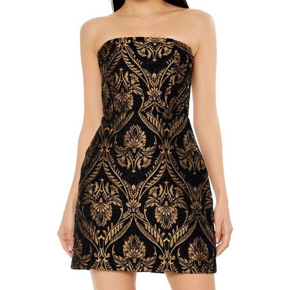 Black and Gold Strapless Jacquard Baroque Mini Dress